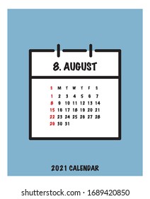 August 2021 calendar. Week starts from Sunday. Vector Illustration.