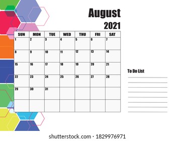 August 2021 Calendar, white background on the left, hexagons of various sizes and colors