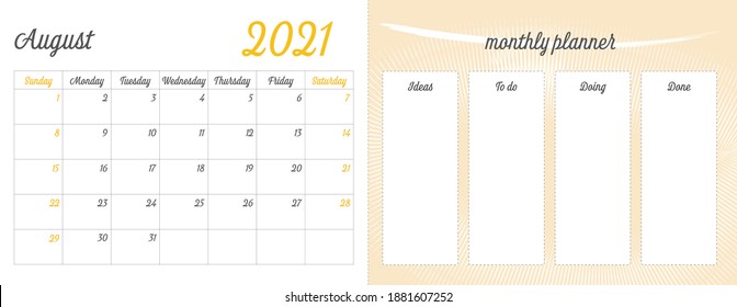 August 2021 Full Monthly Planner: August Calendar on the Left Side, and a Progress To Do List on the Right Side of the Page. Printable Vector Illustration Art.