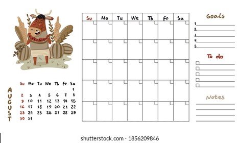 August 2021 planner with cute ox in cartoon style