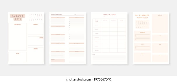 August 2021 - Planner. Modern planner template set. Set of planner and to do list. Monthly, weekly, daily planner template. Vector illustration.