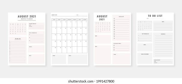 August 2021 - Planner. Modern planner template set. Set of planner and to do list. Monthly, weekly, daily planner template. Vector illustration.