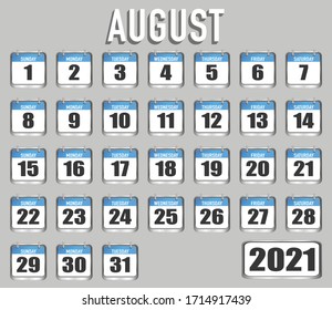 August of 2021 year. Month, day, week. Simply trendy design. Vector illustration background for web, business, reminder, planner, organiser
