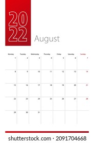 August 2022 calendar design. Week starts on Monday. Vertical 2022 calendar template.