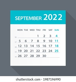 August 2022 Calendar Green Leaf - Vector Illustration. Week starts on Monday