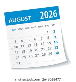 August 2022 Calendar Leaf - Illustration. Vector graphic page