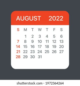 August 2022 Calendar Leaf - Vector template graphic Illustration