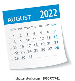 Hoja del Calendario de Agosto de 2022. La semana empieza el lunes. Ilustración vectorial