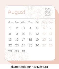 August 2022 calendar month planner with floral pattern, week starts on Monday, template, mock up calendar leaf illustration. Vector graphic page