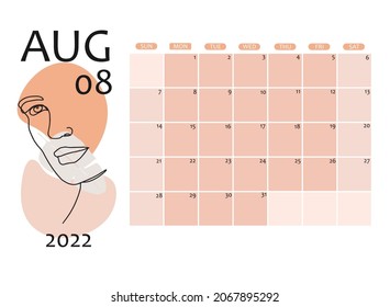 August 2022 calendar page decorated with abstract woman's face. Good for prints, wallpaper, planners, organizers, etc. EPS 10
