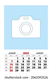 August 2022 Kalenderplaner A3 Größe mit Platz für Ihr Foto. Vektorplaner.