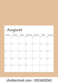 August 2022. Calendar planner design template. Week starts on Sunday. Stationery design. Vector Illustration
