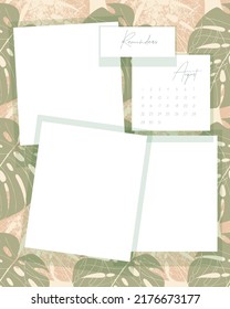 August 2022 Calendar Reminders Collage Vintage Scrapbooking On Monstera Leaves Pattern Background.