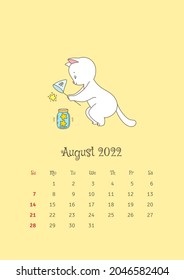 August 2022 calendar. Calendar template decorated with a cute white cat catching a star with the butterfly net. Vector illustration 10 EPS.