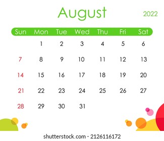 Gráficos vectoriales de plantillas de calendario de agosto de 2022