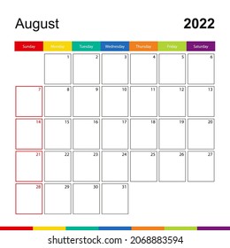 August 2022 colorful wall calendar, week starts on Sunday. 2022 Calendar template.
