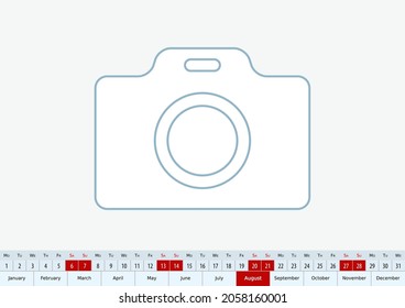 August 2022 for desk calendar, one line vector template calendar in English.
