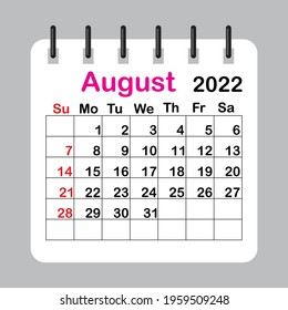 August 2022. Editable calendar page template. Wall calendar. Editable calender page template. Vector illustration. EPS 10.