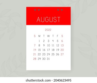 August сalendar 2022. English vector calender page on wall background with leaves. Week starts on Sunday
