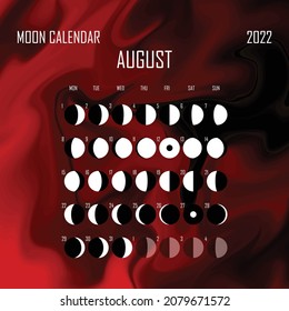 August 2022 Moon calendar. Astrological calendar design. planner. Place for stickers. Month cycle planner mockup. Isolated color liquid background.