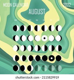 August 2022 Moon calendar. Astrological calendar design. planner. Place for stickers. Month cycle planner mockup. Isolated color liquid background.