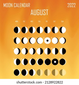 August 2022 Moon calendar. Astrological calendar design. planner. Place for stickers. Month cycle planner mockup. Isolated color liquid background.