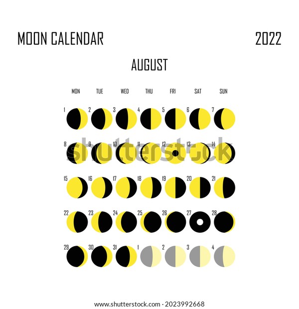 August 2022 Moon calendar. Astrological\
calendar design. planner. Place for stickers. Month cycle planner\
mockup. Isolated black and white\
background.