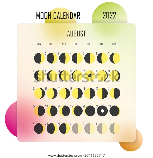 August 2022 Moon calendar.\
Astrological calendar design. planner. Place for stickers. Month\
cycle planner mockup. Isolated colorful glassmorphism\
background.