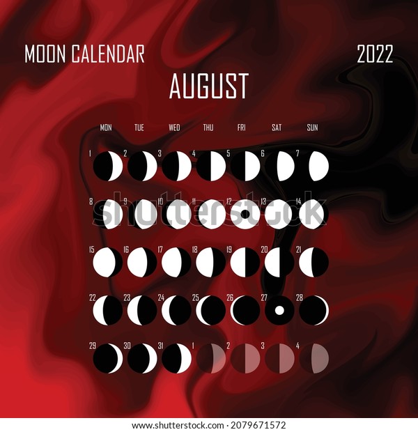 August 2022 Moon calendar. Astrological\
calendar design. planner. Place for stickers. Month cycle planner\
mockup. Isolated color liquid\
background.