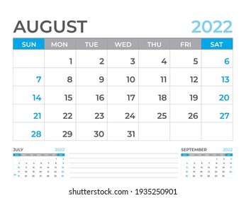 August 2022 page, Calendar 2022 template, Desk calendar, planner design, Wall calendar, week starts on sunday, stationery design, Desk office, organizer office, vector 