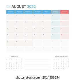 August 2022 Planner Calendar Week starts on Monday. Simple and clean calendar design planner template vector.