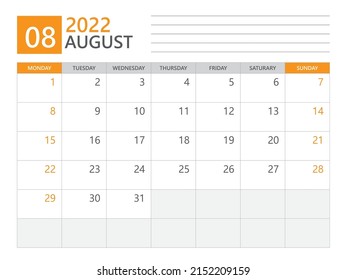 August 2022 template, Calendar planner 2022, week start on Monday,  Desk calendar 2022 year, simple and clean design, Wall calendar design, Corporate design planner template, print media vector
