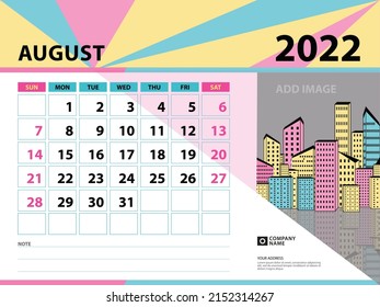 August 2022 template-Calendar 2022 year design, Desk calendar 2022 year, Planner, Week starts on Sunday, Wall calendar design, Stationery design, vintage background vector eps10