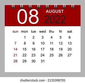 Agosto de 2022. Plantilla de calendario mensual vectorial 2022 año en un estilo sencillo para el diseño de plantillas. La semana comienza el domingo.