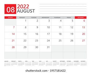 August 2022 year, Calendar planner 2022 and Set of 12 Months,  week start on Sunday. Desk calendar 2022 design, simple and clean design, Wall calendar, Corporate design planner template vector