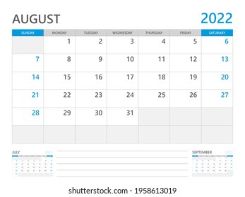 August 2022 year, Calendar planner 2022 and Set of 12 Months,  week start on Sunday. Desk calendar 2022 design, simple and clean design, Wall calendar, Corporate design planner template vector