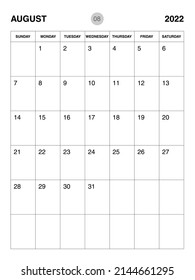 August 2022 year planner template, calendar 2022 desgin, monthly and yearly planners. organizer diary. week start Sunday, corporate planner template, Desk calendar 2022, vertical layout, vector

