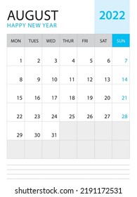 August 2022-Calendar 2022 template vector on blue background, week start on monday, Desk calendar 2022 year, Wall calendar design, corporate planner template, Stationery, organizer diary, vector
