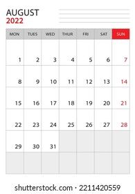 August 2022-Kalender 2022 Vorlage Vektorgrafik, Wochenstart am Montag, Design des Wall-Kalenders 2022, Vorlage des Desk-Kalenders, Vorlage für Firmenplaner, Schreibtisch, Organigertagebuch, Vektorgrafik