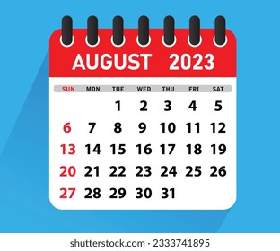 August 2023 Calendar Leaf. Calendar 2023 in flat style. August 2023 Calendar. Wall Desk Calendar Vector Template, Simple Minimal Design. Vector illustration