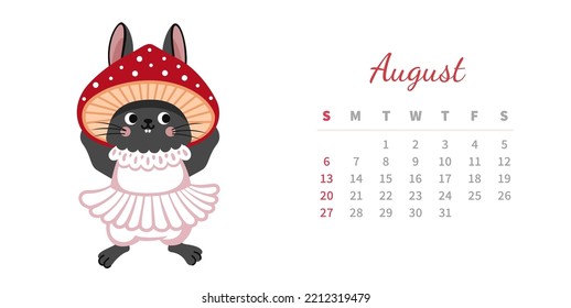 August 2023 calendar page horizontal template. Cute bunny girl in mushroom costume. Rabbit, chinese symbol and mascot of new year. Week starts on sunday. Vector illustration.