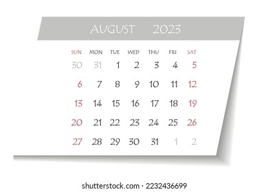 August 2023 calendar planner. Corporate week. Template layout, 12 months yearly, white background. Simple design for business brochure, flyer, print media, advertisement. Week starts from Monday.