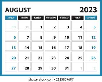 August 2023 Calendar Printable, Calendar 2023 template, planner design, Desk calendar 2023 template, Wall calendar, organizer office, week starts on sunday, vector eps 10