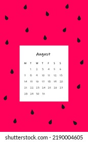 August 2023 calendar. Summer juicy calendar. Calendar with watermelon print and stylish font. Summer 2023. Bright summer brochure. Watermelon with bones.