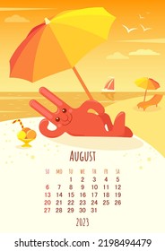 August 2023 calendar with the symbol of the year Rabbit sunbathing on the sea coast under a sun umbrella in yellow and red colors