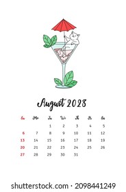 August 2023 calendar. Calendar template decorated with a cute white cat playing in a cocktail glass. Vector illustration 10 EPS.