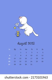 August 2023 calendar. Calendar template decorated with a cute white cat catching a star with the butterfly net. Vector illustration 10 EPS.