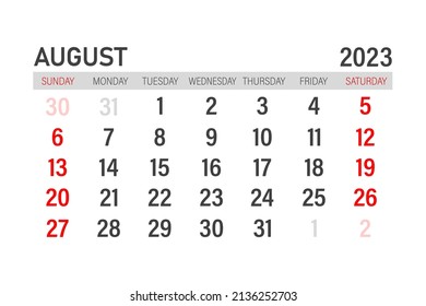 Kalendervorlage August 2023. Layout für August 2023. Druckbarer Monatsplaner. Design des Schreibtischkalenders. Sonntagsbeginn