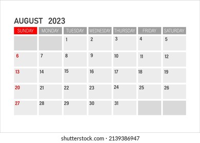 August 2023 calendar template. Layout for August 2023. Printable monthly planner. Desk calendar design. Start of the week on Sunday.