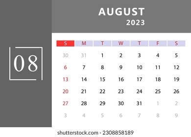 Plantilla del calendario de agosto de 2023. Ilustración vectorial.